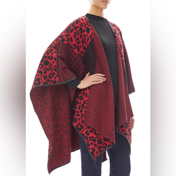 NWT Ming Wang Women's Poncho Sweater Red Mixed Print Wrap  One Size - Picture 3 of 11